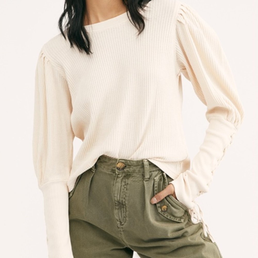 Free People Lace Up Sleeve Tasha Thermal Shirt in Ivory